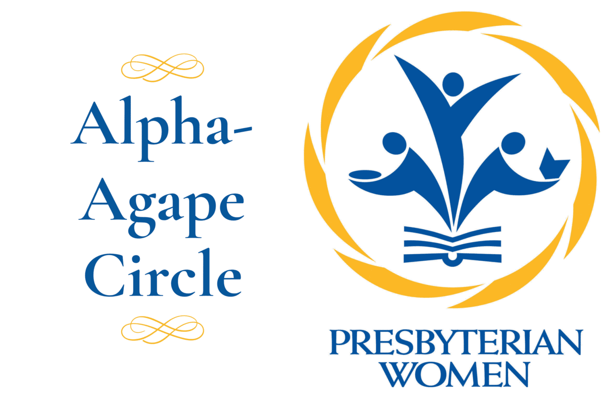 Presbyterian Women Logo has an outline of a book with three people in the middle surrounded by a yellow circle. One person is bent in service, another has both hands up in worship, and another is bent holding a book. The words Alpha Agape Circle appear to the right of the logo.