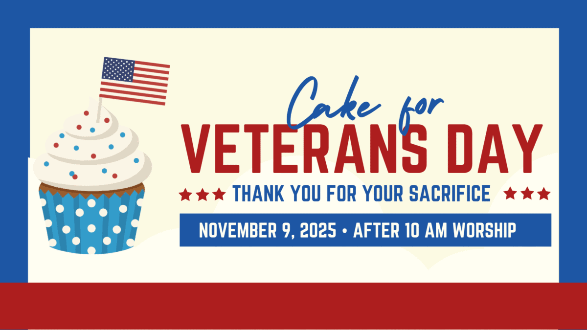 Cake for Veterans Day Thank You for your sacrifice November 9 after 10 AM worship. Has a Red Cupcake with a blue wrapper covered with stars, white frosting with red and blue sprinkles, and an American flag cupcake topper.