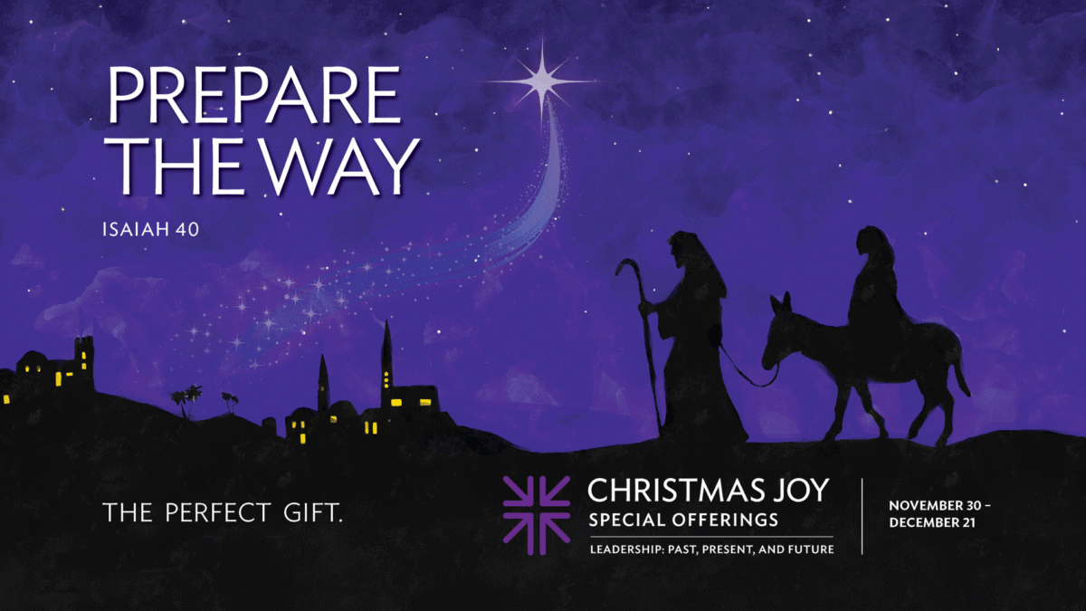 Christmas Joy Special Offering 2025 wiht a silhouette of Mary riding a donkey and Joseph leading the way to Bethlehem on Christmas Eve night.
