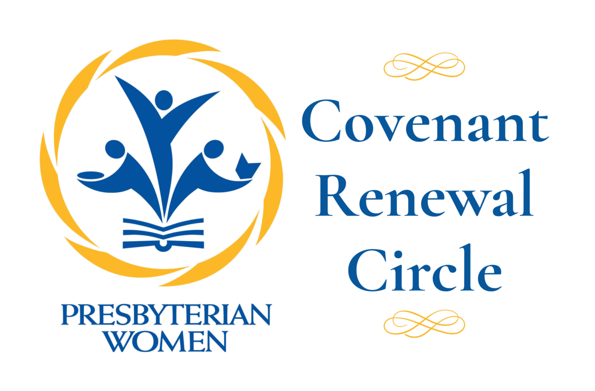 Presbyterian Women Logo has an outline of a book with three people in the middle surrounded by a yellow circle. One person is bent in service, another has both hands up in worship, and another is bent holding a book. The words Covenant Renewal Circle appear to the right of the logo.