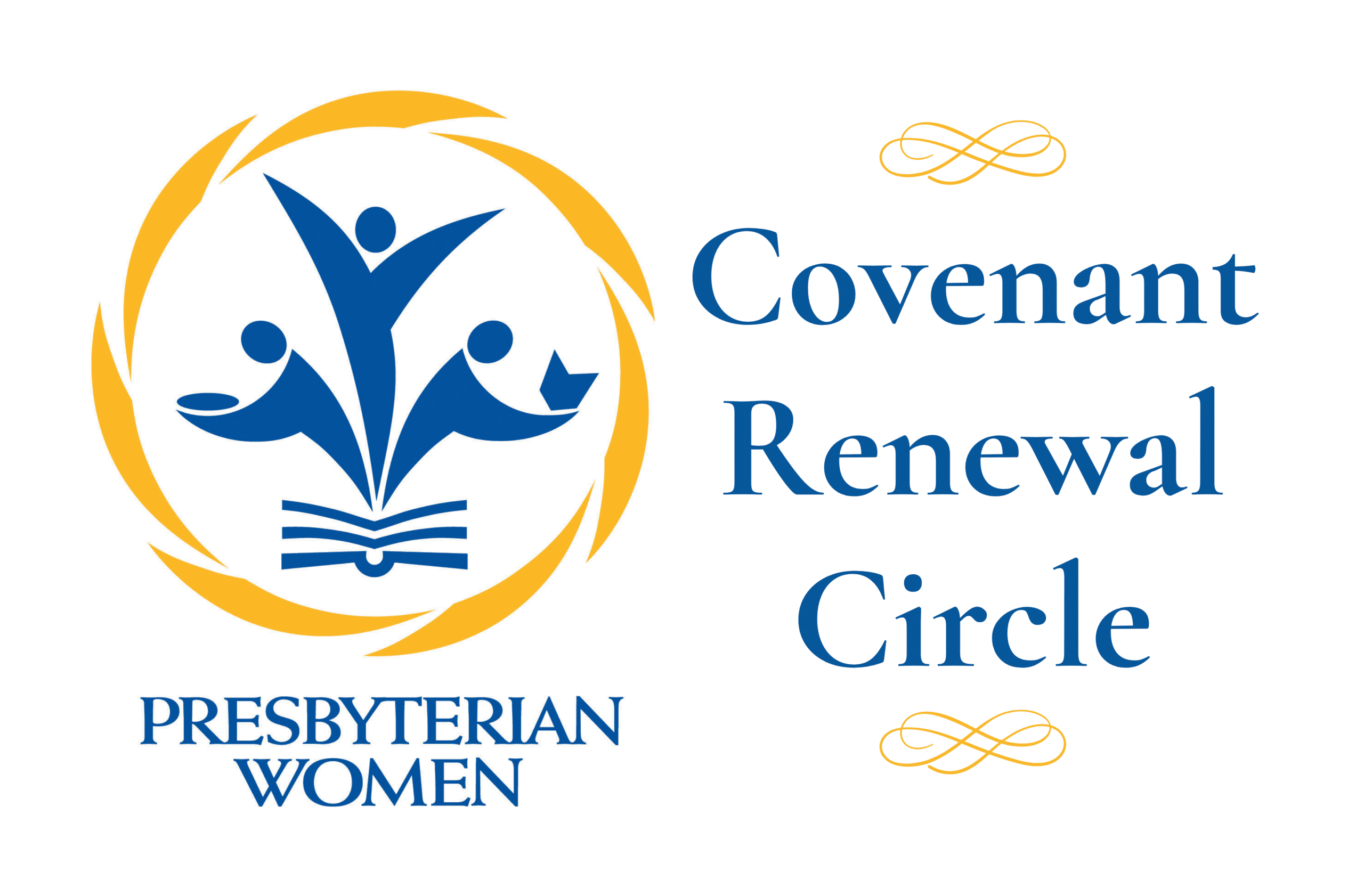 Presbyterian Women Logo has an outline of a book with three people in the middle surrounded by a yellow circle. One person is bent in service, another has both hands up in worship, and another is bent holding a book. The words Covenant Renewal Circle appear to the right of the logo.
