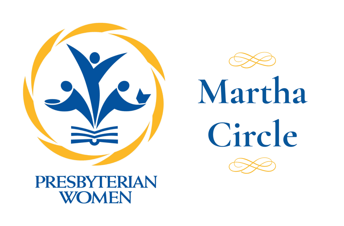 Presbyterian Women Logo has an outline of a book with three people in the middle surrounded by a yellow circle. One person is bent in service, another has both hands up in worship, and another is bent holding a book. The words Martha Circle appear to the right of the logo.