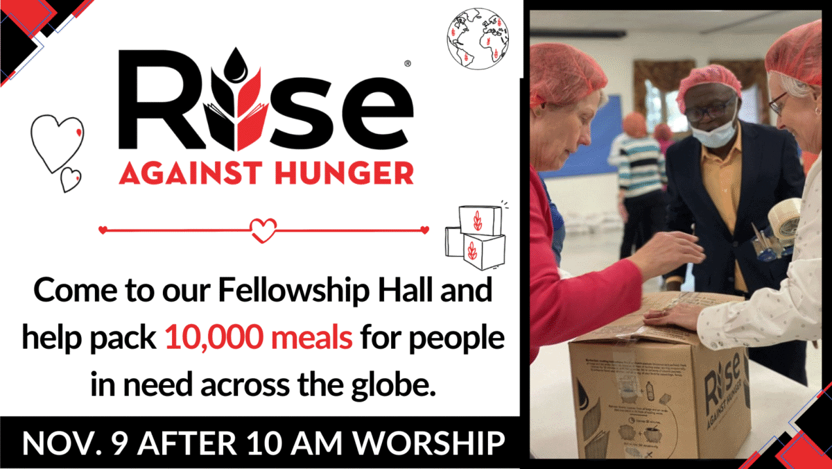 Three people packing food into a box marked Rise. Rise Against Hunger come to our Fellowship Hall and Help Pack 10000 meals for people in need across the globe.