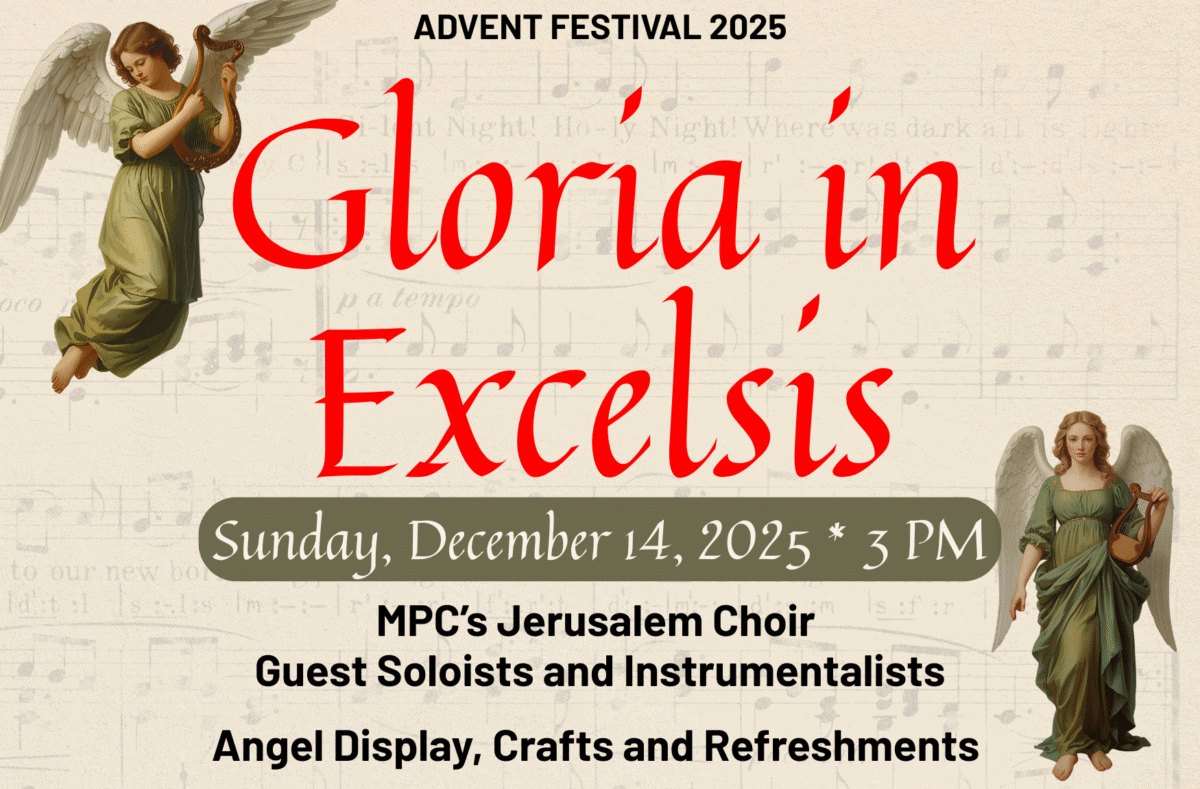 Advent Festival 2025 flyer featuring angels. The festival will be held on Sunday, December 14, 2025 at 3 PM.