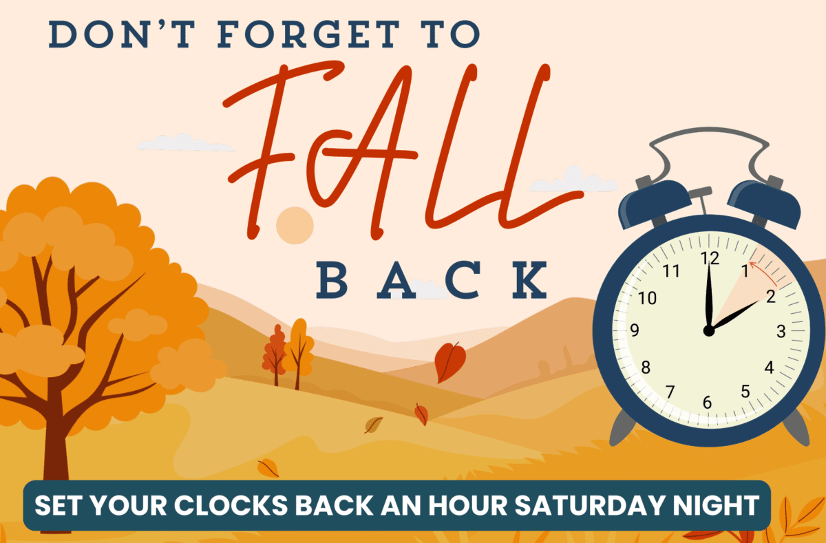 Don't forget to fall back set your clocks back one hour the Saturday before the first Sunday in November. A clock with an arrow near the hour hand pointing back one hour. The background has a fall landscape.