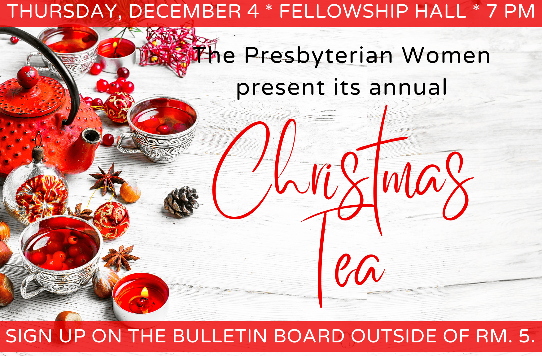 Flyer for the 2025 Presbyterian Women's Christmas Tea to be held on December 4, 2025 in the Fellowship Hall at MPC