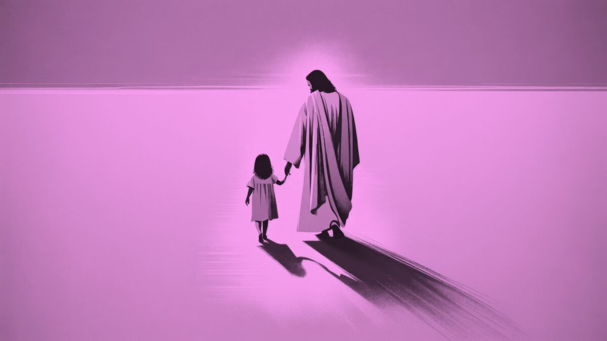 jesuswalking with child and holding hands