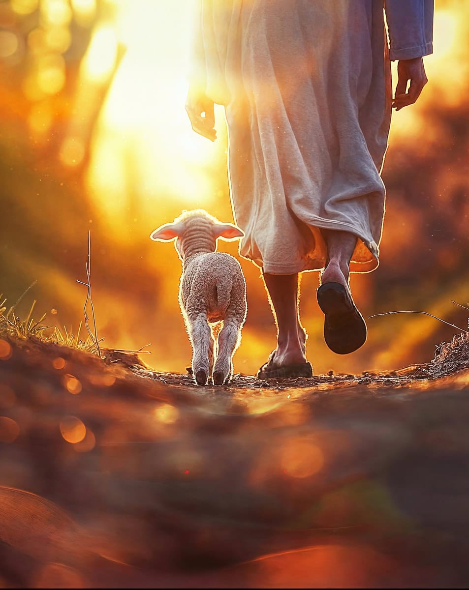 Jesus walking with a lamb on a natural path towards light.