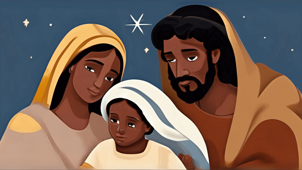 Mary, Joseph and a young Jesus outside at night. Image created by Canva AI for Manassas Presbyterian Church.