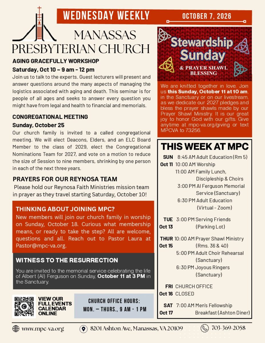 Wednesday Weekly e-Blast for October 7, 2026, Manassas Presbyterian Church