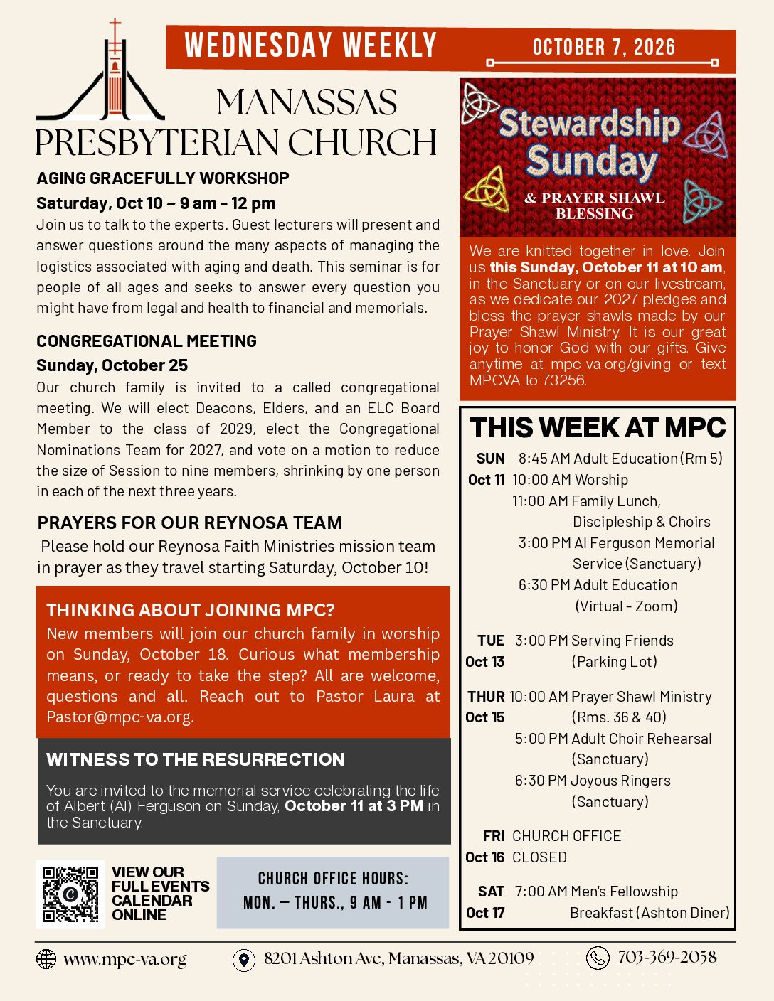 Wednesday Weekly e-Blast for October 7, 2026, Manassas Presbyterian Church