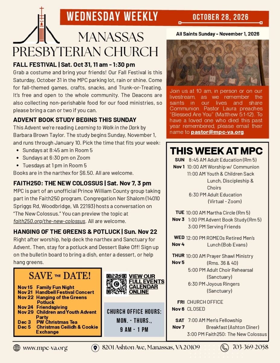 Wednesday Weekly e-Blast for October 28, 2026, Manassas Presbyterian Church